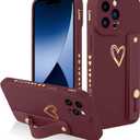 Fiyart Designed for iPhone 14 Pro Case with Phone Stand Holder Cute Love Hearts Pattern Slim Protective Camera Protection Cover with Wrist Strap for Women Girls for iPhone 14 Pro 6.1"-Wine Red