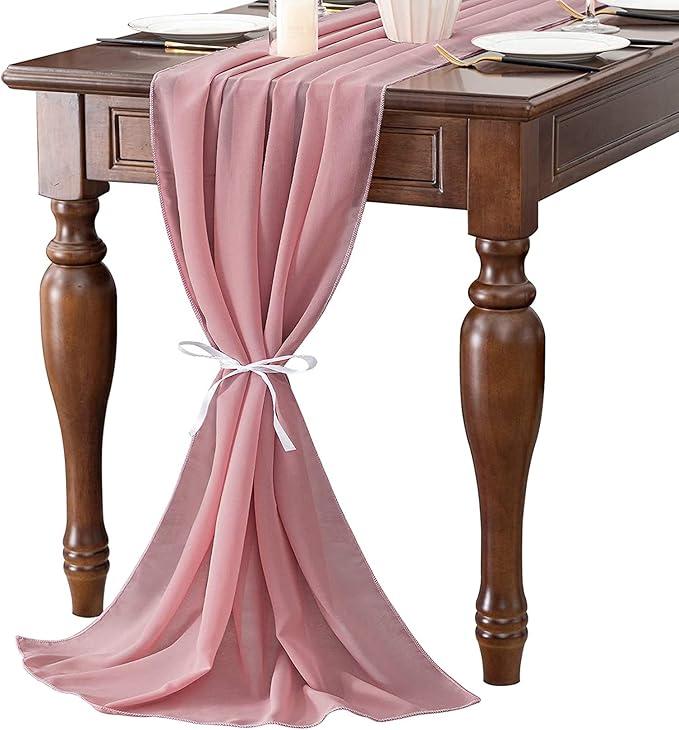 ELECDON Dusty Rose 10FT Chiffon Table Runner 27x120 Inches, Romantic Sheer Fabric, for Wedding Decorations, Baby Shower, Bridal Shower, and Birthday Party Cake Table Tulle Decorations, Wedding Drapery, Pack Of 5