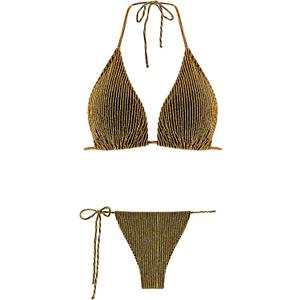 Women Halter String Bikini Set Cheeky Thong Women Two Piece Triangle Spandable Vintage Swimsuit- Golden, 2XL