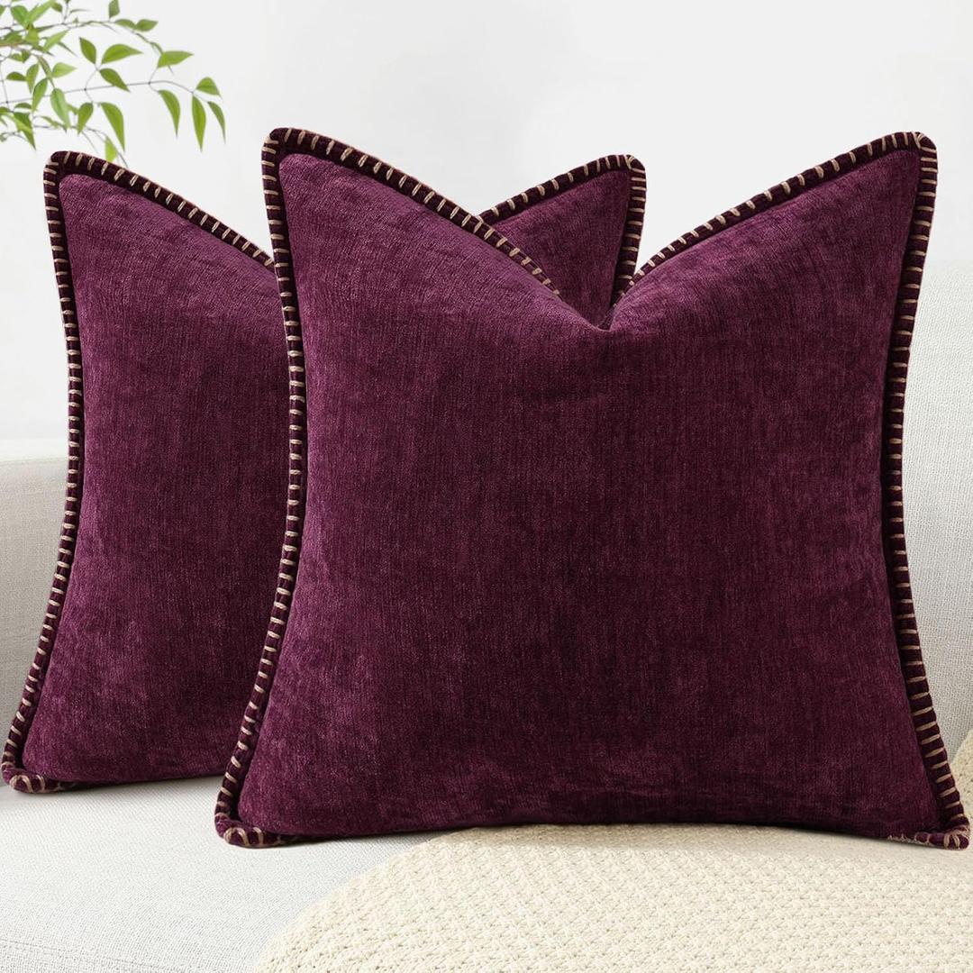 decorUhome Chenille Soft Throw Pillow Covers 18x18 Set of 2, Farmhouse Velvet Decorative Pillow Covers with Stitched Edge for Couch Sofa Bed, Rhododendron (18" x 18" (Pack of 2), Rhododendron)