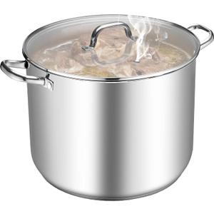 TeamFar Stainless Steel Stock Pot, 24QT Large Stockpot Tri-ply Bottom Cooking Soup Pot with Glass Lid, for Induction Gas Glass Stovetops, Non Toxic & Heavy Duty, Large Size & Easy Clean, 24 Quarts