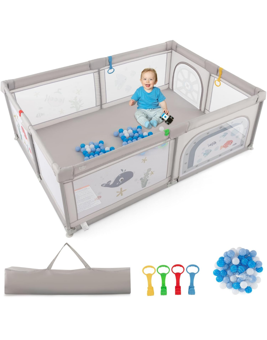 BABY JOY Baby Playpen, 79"x55"x27" Inch, Extra-Large Play Yard with 4 Pull Rings, 50 Ocean Balls & Carrying Bag, Portable Baby Play Activity Center, Indoor Outdoor Playpen w/Breathable Mesh (Light Grey), Missing Balls
