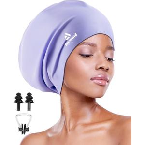 Swim Cap for Long Thick Hair, 3 Size Silicone Swimming Caps for Dreadlocks, Braids, Weaves, Extensions, Curls & Afros, Adult Waterproof Swim Hats Bathing Caps for Women Men (XX-Large, Purple)