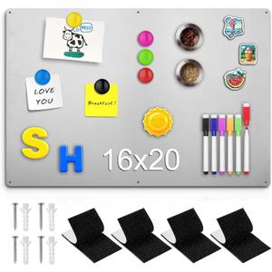 16" x 20" Magnetic Board, Silver Magnet Bulletin Board to Display Magnetic Letters, Metal Board for Wall, Refrigerator Photo, with Dual Lock Tape and Screws, Marker Pen