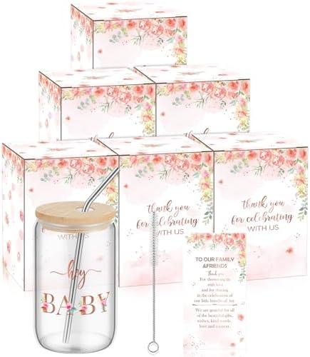 Hoolerry 4 Sets Baby Shower Prize for Game 12 oz Drinking Glasses with Lids Straw Brush Cards and Boxes Iced Coffee Beer Glasses Tea Cups Tumblers for Baby Shower Party Guests Gift(Flowers)