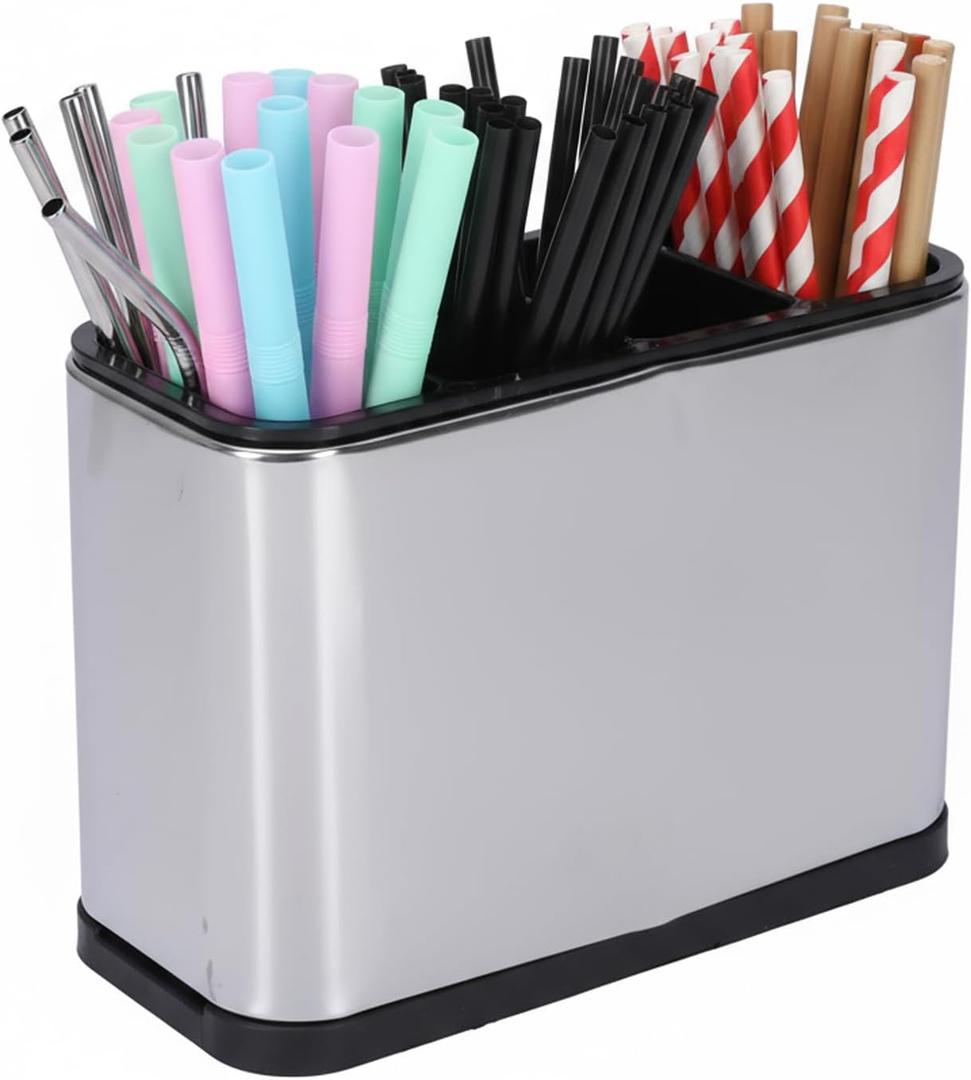 4-Section Stainless Steel Straw Holder, Stackable Straw Dispenser for Counter with Drain Holes, Organizer for Drinking Straws, Coffee Stirrers, Utensils, Silver