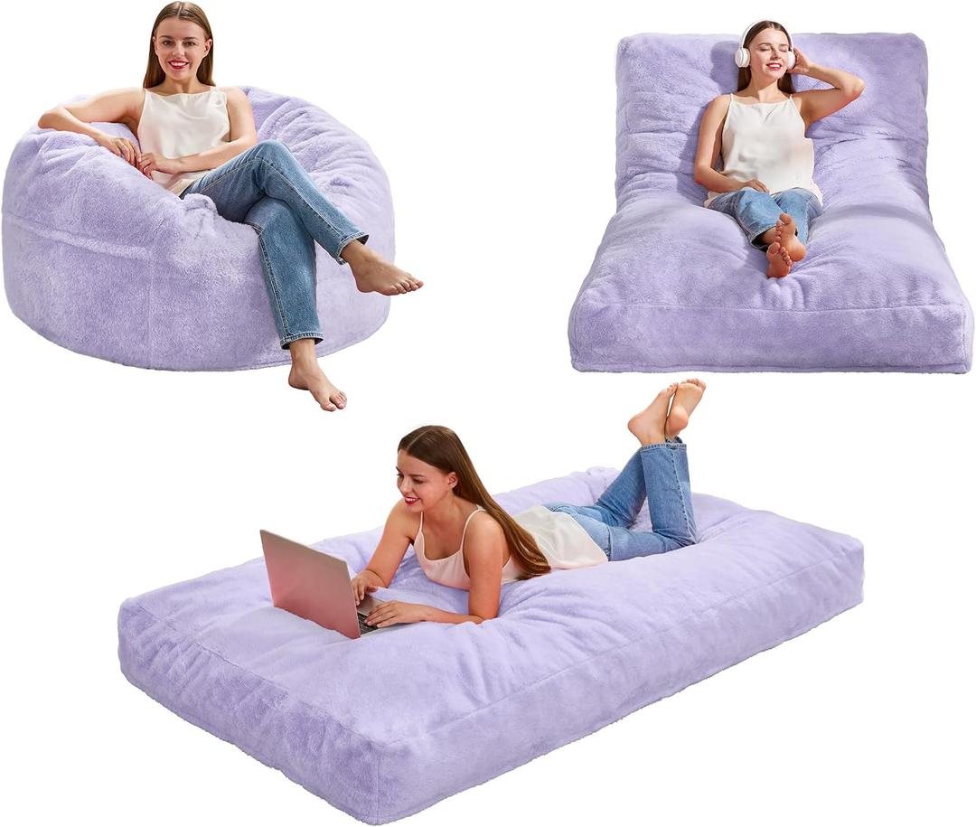 Hobestluk Bean Bag Chair Convertible Beanbag Chairs for Adults, 3 in 1 Bean Bag with Plush Faux Fur Cover, Adult Bean Bag Chair for Living Room, Bedroom (Purple, Twin)