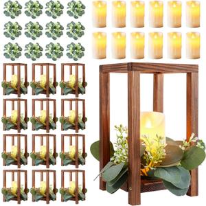 36 Pcs Wooden Wedding Lantern Centerpiece,Include 12 Candle Holders 12 LED Candles 12 Eucalyptus Leaves Wreath for Rustic Wedding Table Decoration,Country Barn Table Valentine Decor,Party(Dark Brown)