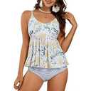 Tutorutor Womens High Waisted Peplum Tankini Swimsuits Retro Ruffle Floral Print Tops Tummy Control 2 Piece Bikini Set, M