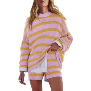 LAMISSCHE Womens Oversized Lounge Sets 2 Piece Outfits Striped Matching Pajama Set Long Sleeve Sweater Set (Medium, Yellow & Purple Pink)