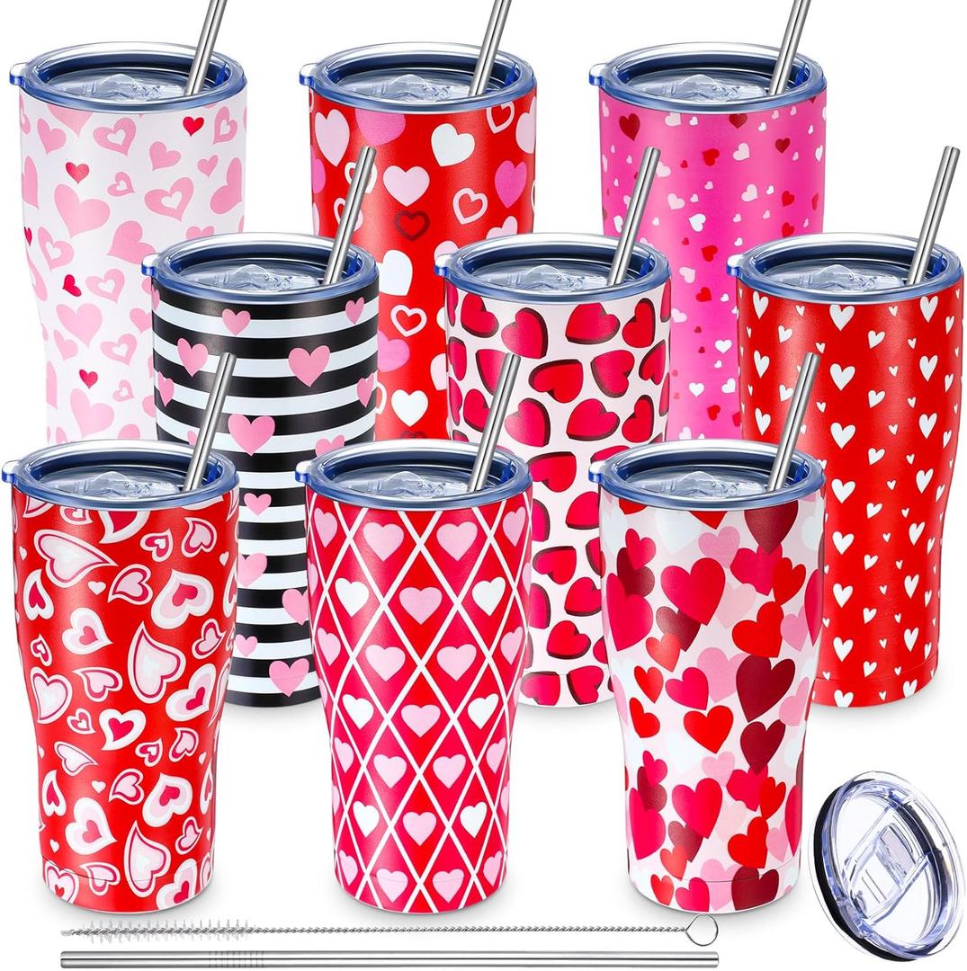 Hushee 9 Pcs Valentine's Day Tumbler with Lid and Straw Stainless Steel 20 oz Heart Love Print Double Wall Vacuum Insulated Cup Travel Mugs for Hot and Cold Drink