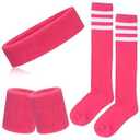 ONUPGO 5 Pieces Sweatbands Striped Socks Set,Sports Headband Wristbands High Tube Socks for Tennis,Football,Gym,Working Out, 80s Accessories Costumes for Men Women (Neon Pink)  One Size