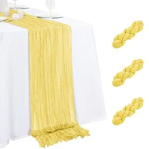 3 Pack Light Yellow Table Runner 17x108 Inch Cheesecloth Table Runner Boho Gauze Table Runners Romantic Rustic Fabric Cheese Cloth Table Runners for Wedding Party Baby Shower Birthday Home Decor