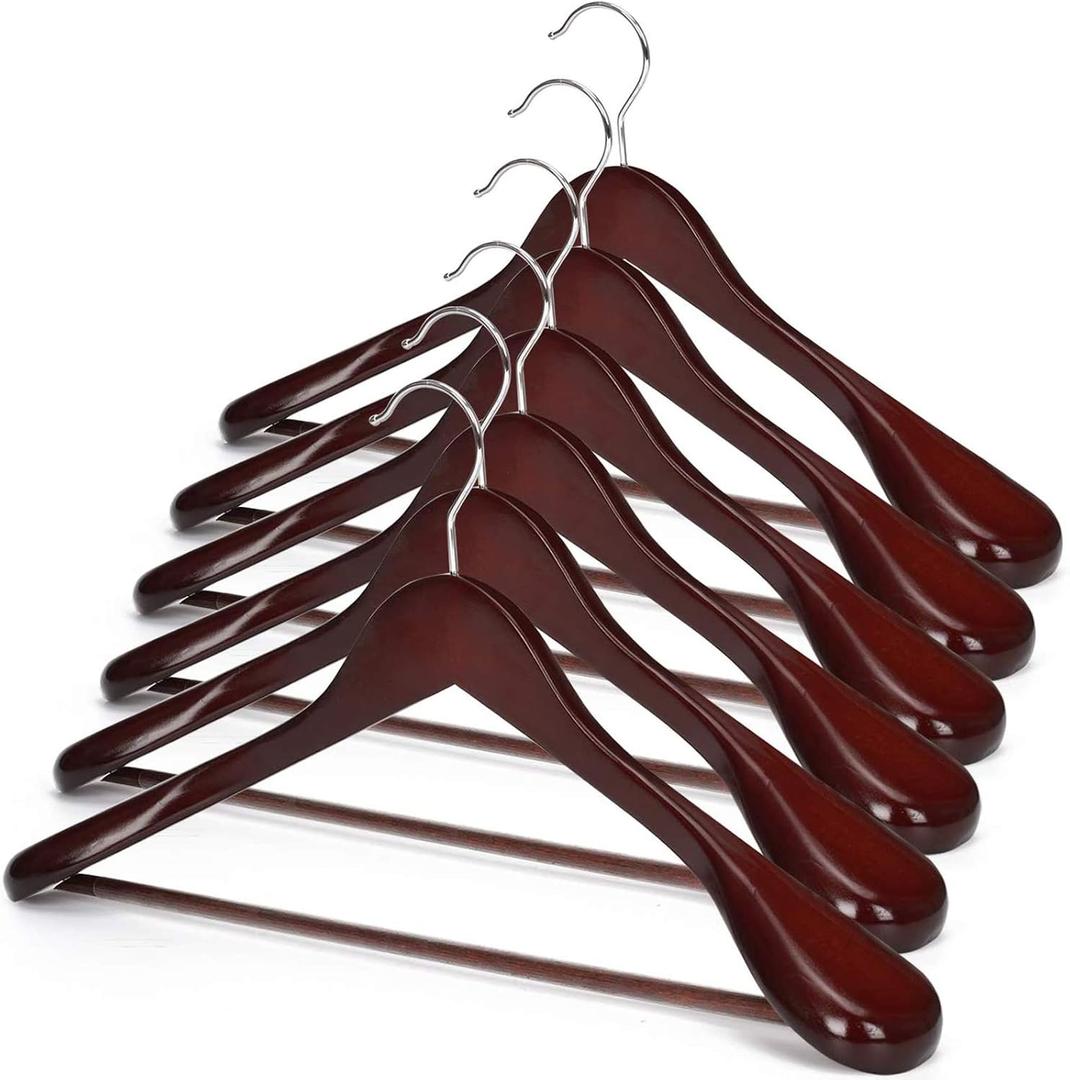 JS Hanger Wooden Extra-Wide Shoulder Suit Hangers for Coat and Pants, Walnut Finish, 6-Pack