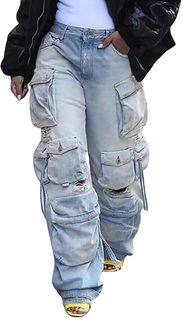 LKOUS Women's Y2K Baggy Straight Wide Leg Cargo Jeans, Streetwear High Waisted Denim Pant (Large, Light Blue)