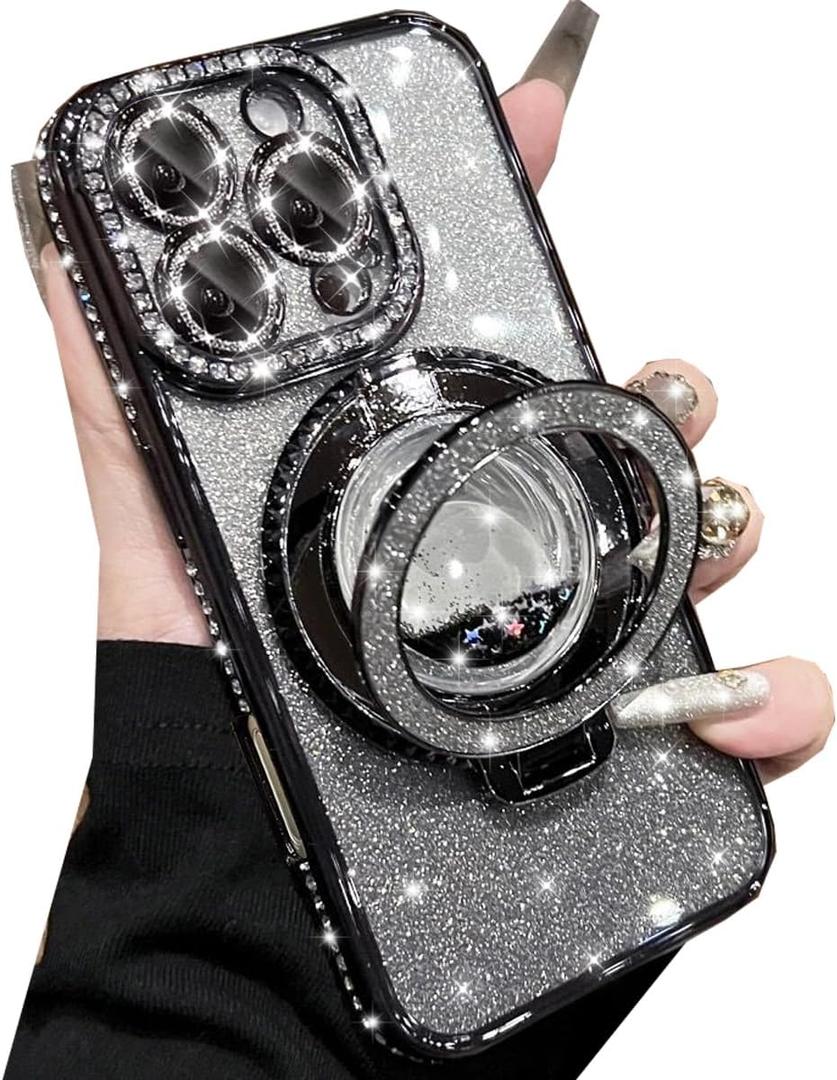 Glitter Kickstand Case for iPhone 16 Pro,Cute Luxury Bling Sparkly Diamond Rhinestone with Camera Protector Liquid Flowing Ring Stand TPU Bumper Women Girls Case for iPhone 16 Pro 6.3", Black
