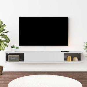 TuckTect Floating TV Shelf, 55'' Wall Mounted TV Cabinet, Floating Shelves with Door, Modern Entertainment Media Console Center Large Storage Under TV (55.11IN, White)