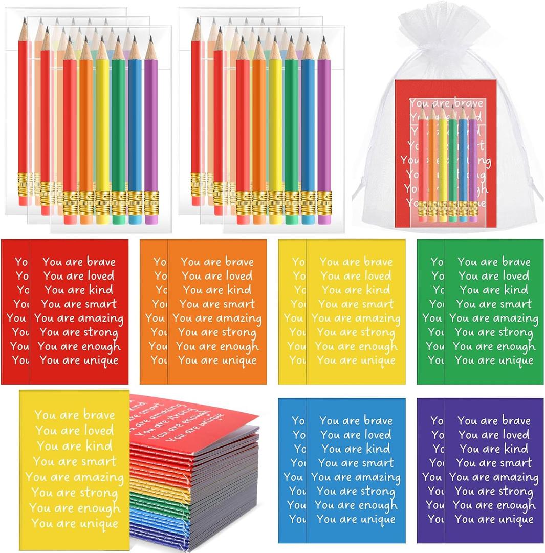 Spakon 24 Sets End of the Year Gifts for Students Inspirational Mini Pencils Rainbow Small Notepads Motivational Pocket Notepad Graduation Gifts for Kids Students Teachers School Classroom Rewards