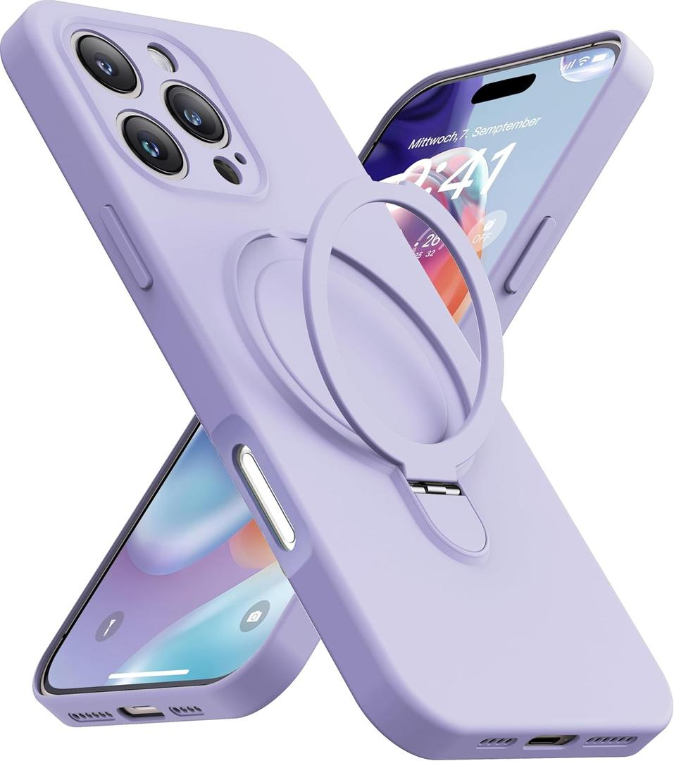 Magnetic Stand for iPhone 16 Pro Max, Liquid Silicone, [Compatible with MagSafe][Built-in Kickstand&Ring Holder] Anti-Scratch Soft Microfiber Lining, Light Purple