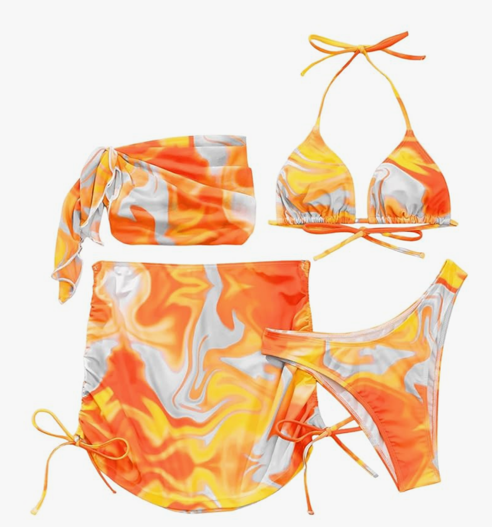COZYEASE Women's 3Piece Swimsuits Sexy Bikini Sets Triangle Bathing Suit with Mesh Cover Up Beach Skirt & Bandana, Size L