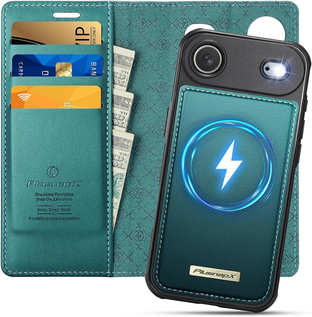 Wallet Case for iPhone Air Compatible with Magsafe, 2-in-1 PU Leather Flip RFID Blocking Card Holder Stand Shockproof Magnetic Detachable Cover for iPhone 17 Air Case 6.5", Bluegreen
