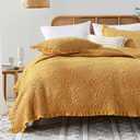 HORIMOTE HOME Yellow Ruffled Quilt Queen Size, Stone-Washed Microfiber Lightweight Crinkled Farmhouse Rustic Shabby Chic Bedding Set, 3 Pieces Reversible Bedspread with Pillow Shams for All Season (Full/Queen(90"x 96"))