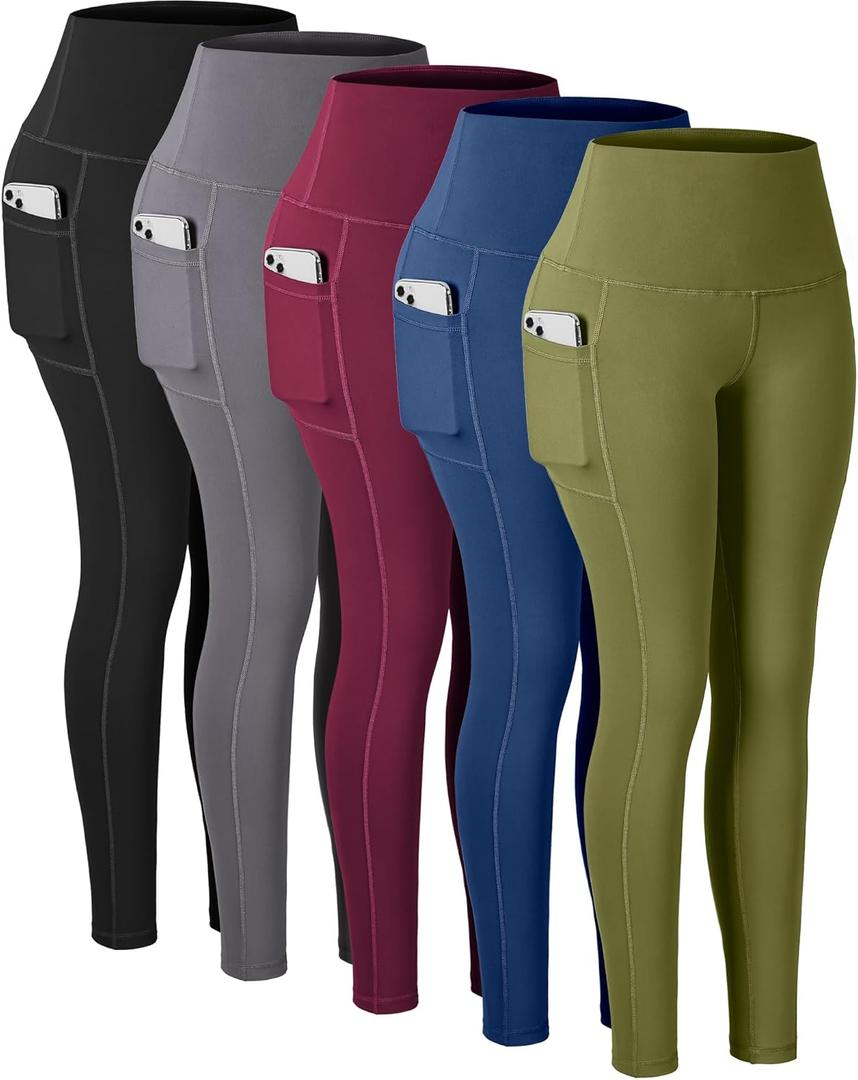 CHRLEISURE Leggings with Pockets for Women, High Waisted Tummy Control Workout Yoga Pants (Medium, 5 Packs - Black/Grey/Burgundy/Turquoise/Matcha Green)