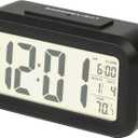 RCA Portable Alarm Clock with Auto Night Light Sensor, Adjustable Brightness, Indoor Temperature Display, Full Calendar with 12 or 24 Hour Options