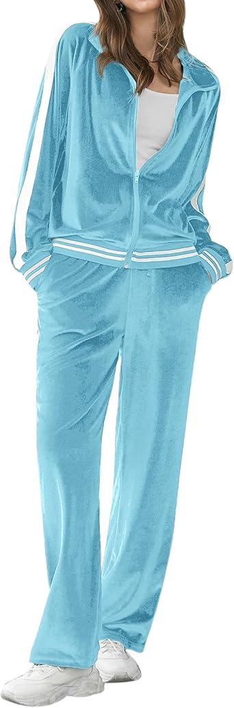 Ekouaer Women's Velvet Velor Tracksuits 2 Piece Lounge Outfits Zip Up Sweatshirt and Sweatpants with Pockets, Size -M