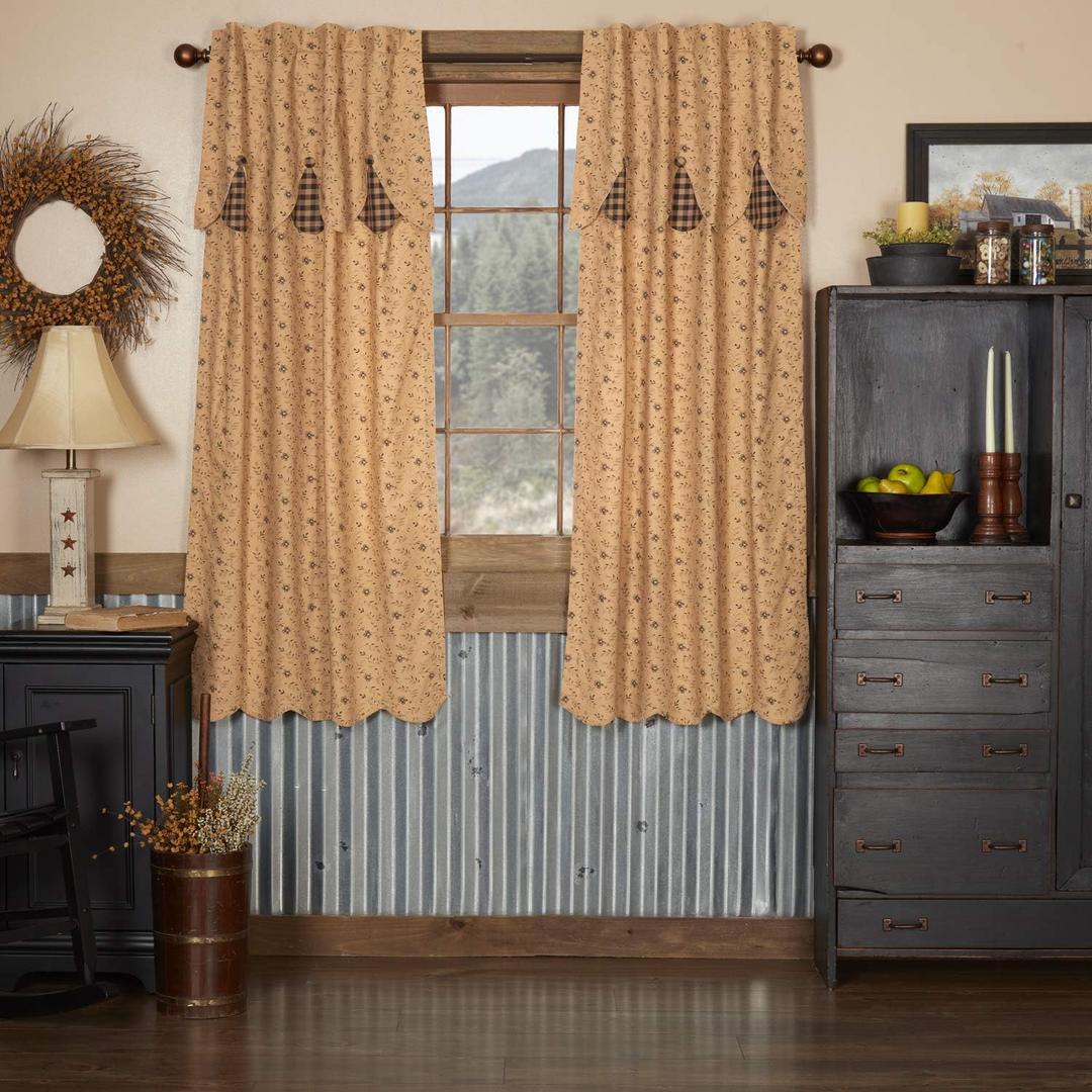 VHC Brands, Maisie, Cotton, 63x36, Short Panel Attached Scalloped Layered Valance, Set of 2, Tan