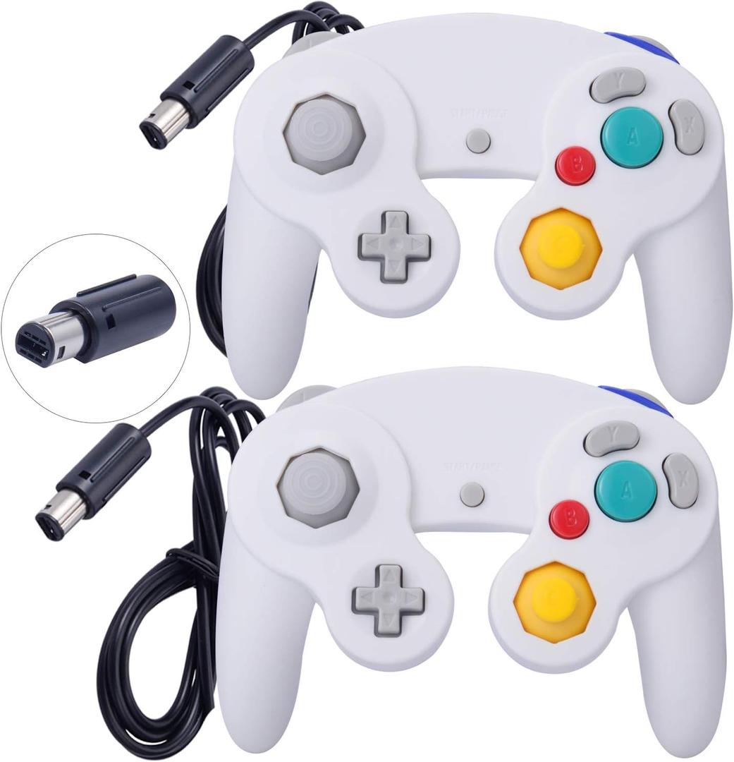 ONE250 2 Pack Classic Shock Joypad Wired Controller, Compatible with Wii NGC Gamecube Game Cube (White & White)