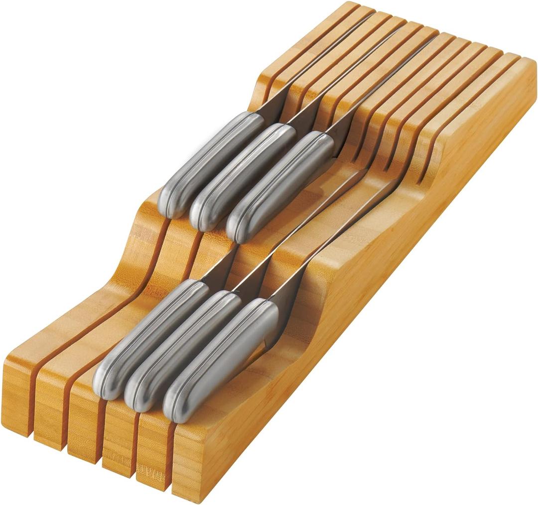 In-Drawer Knife Block - Bamboo Knife Drawer Organizer for Kitchen - Fits 5 Long + 6 Short Knives - Store Knives with Blades Pointing Down - Wooden Steak knife Holder without Knives - Chef Gift Idea (17" x 5.3" x 2")