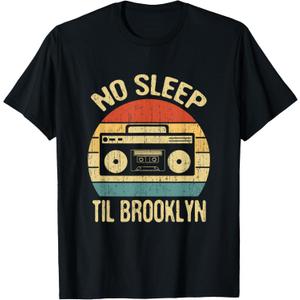 No Sleep Til Brooklyn Retro Old School Stereo Ghetto Blaster T-Shirt (Small, Black)