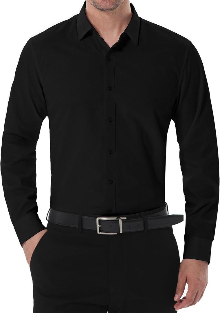 SIR7 Men's Slim Fit Stretch Dress Shirt Solid Color Microelastic Long Sleeve Casual Soft Business Button Up Shirts (Black), Size S