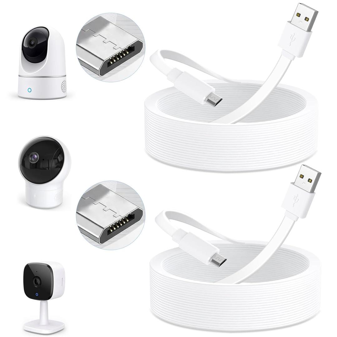 2 Pack 25ft Micro USB Extension Cable Compatible with eufy Security Indoor Cam E220/P24, Flat Power Cable for eufy Security Indoor Cam C120, Weatherproof Charging Cord with 24* Cable Clips