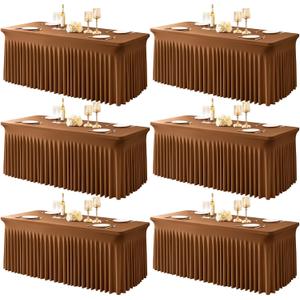 6 Packs Brown Table Clothes for 8 Foot Rectangle Tables, One-Piece Wrinkle Resistant Stretch Spandex Table Covers with Skirt for Event Banquet Wedding Birthday Party