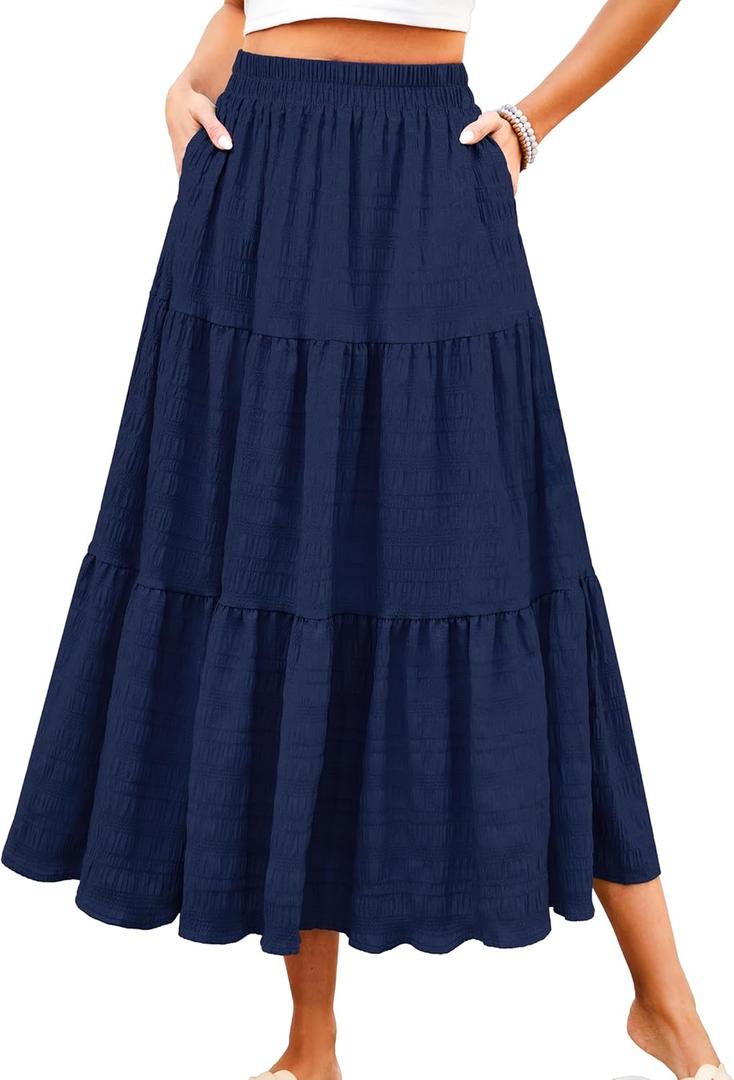 HUSKARY Women's Summer Casual Elegant Smock Layered Tiered Maxi Skirt High Waisted A Line Flowy Long Skirts with Pockets, Size Small