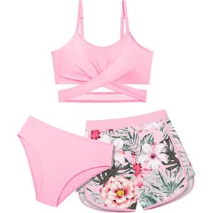 Girls Swimsuit 3 Piece Bathing Suit Criss Cross Bikini Set Girls' Swimwear with Shorts, 11-12Y