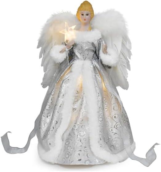 Christmas Angel Treetop Figurine, 12.6 Inch LED Treetop for Christmas Tree Ornaments, Angel Tree Topper Lighted for Tree Decorations Party Favors (Silver Angel)