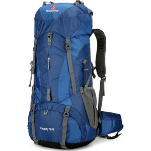 75L Hiking Backpack with Rain Cover Waterproof Camping Backpack Shoes Warehouse for Men Women, Frameless (Navy)