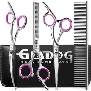 GLADOG Professional 5 in 1 Dog Grooming Scissors Set with Safety Round Tips, Sharp and Heavy-duty Pet Grooming Shears for Cats (Red)