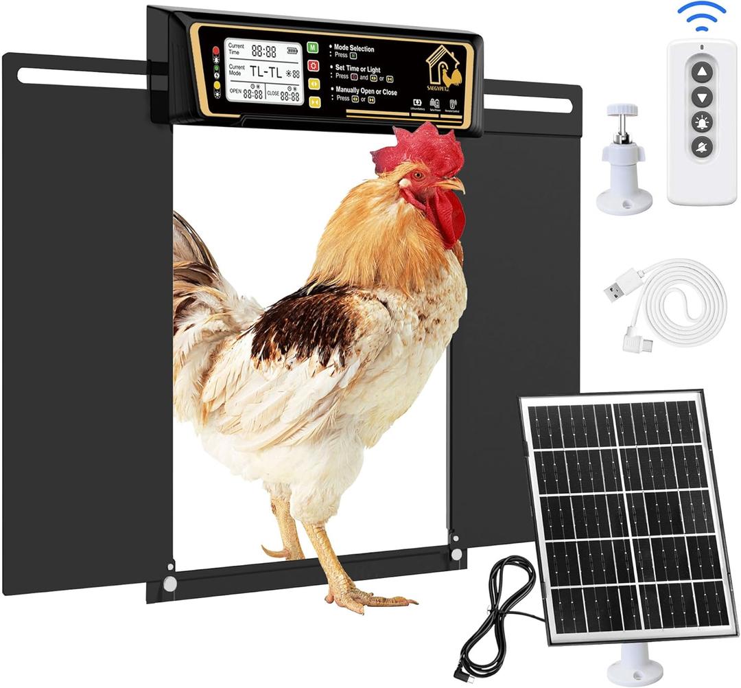 Large Automatic Chicken Coop Door Solar Powered, Charge with 7W Solar Panel Auto Chicken Door, Aluminum Electric Poultry Door with Time & Light Sensor, Remote Control