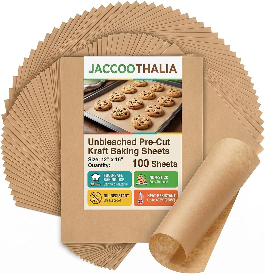 Pre Cut Parchment Paper Sheets for Baking, 100 Pcs 12"x 16" Parchment Paper Sheets, No-Stick & No-Leak Unbleached Baking Paper, Butcher Paper Sheets for Oven, Air Fryer, Cookies, Bread