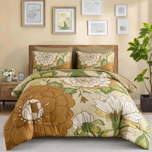 DJY Floral Comforter Set King Size Boho Flower Bed in a Bag 7 Pieces, Khaki and Green Botanical Pattern Comforter Set, Soft Microfiber Farmhouse Bedding Set for All Season (104''x90'')