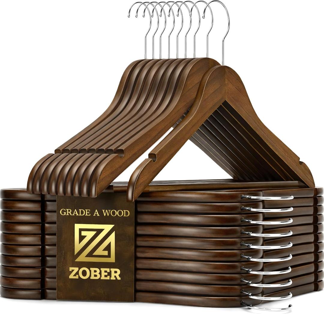 ZOBER Wooden Hangers - Heavy Duty, Non Slip Wood Hangers for Coats, Jackets, Suits, & Pants - Coat Hangers for Closet W/Bar and Notches 20 Pack