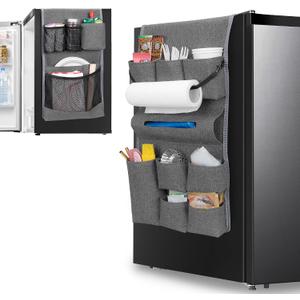 Rexmica Mini Fridge Organizer, Dust Cover with 14 Pockets for Most Household Refrigerators, Hanging Mini Fridge Caddy Organizer Storage Bag for Dorm, Office, Kitchen, Home, School, Gray