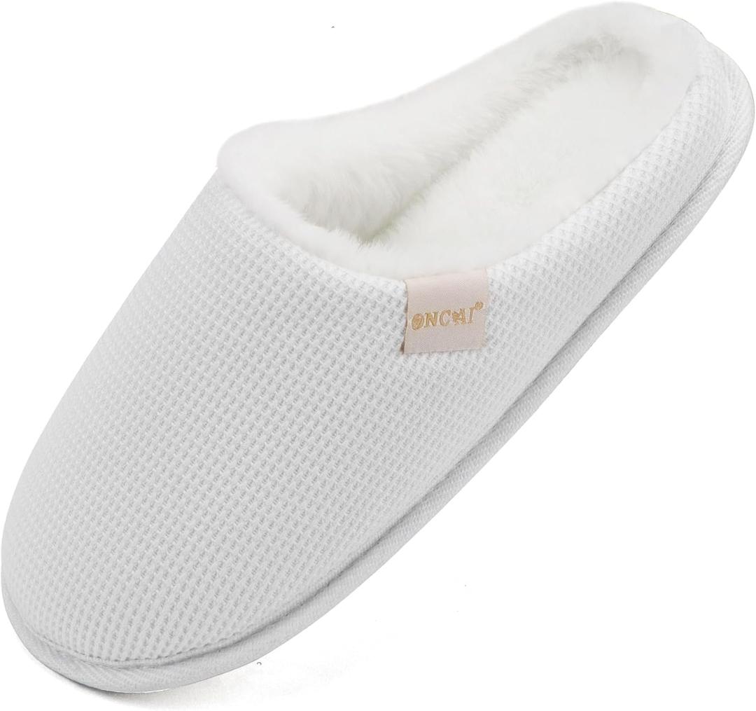 ONCAI Women's House Slippers, Cushion Memory Foam Waffle Upper Home Comfortable Warm Winter Cozy Soft Lightweight Indoor Best House Shoes Non-slip Rubber Sole US Size 5-11 (White)