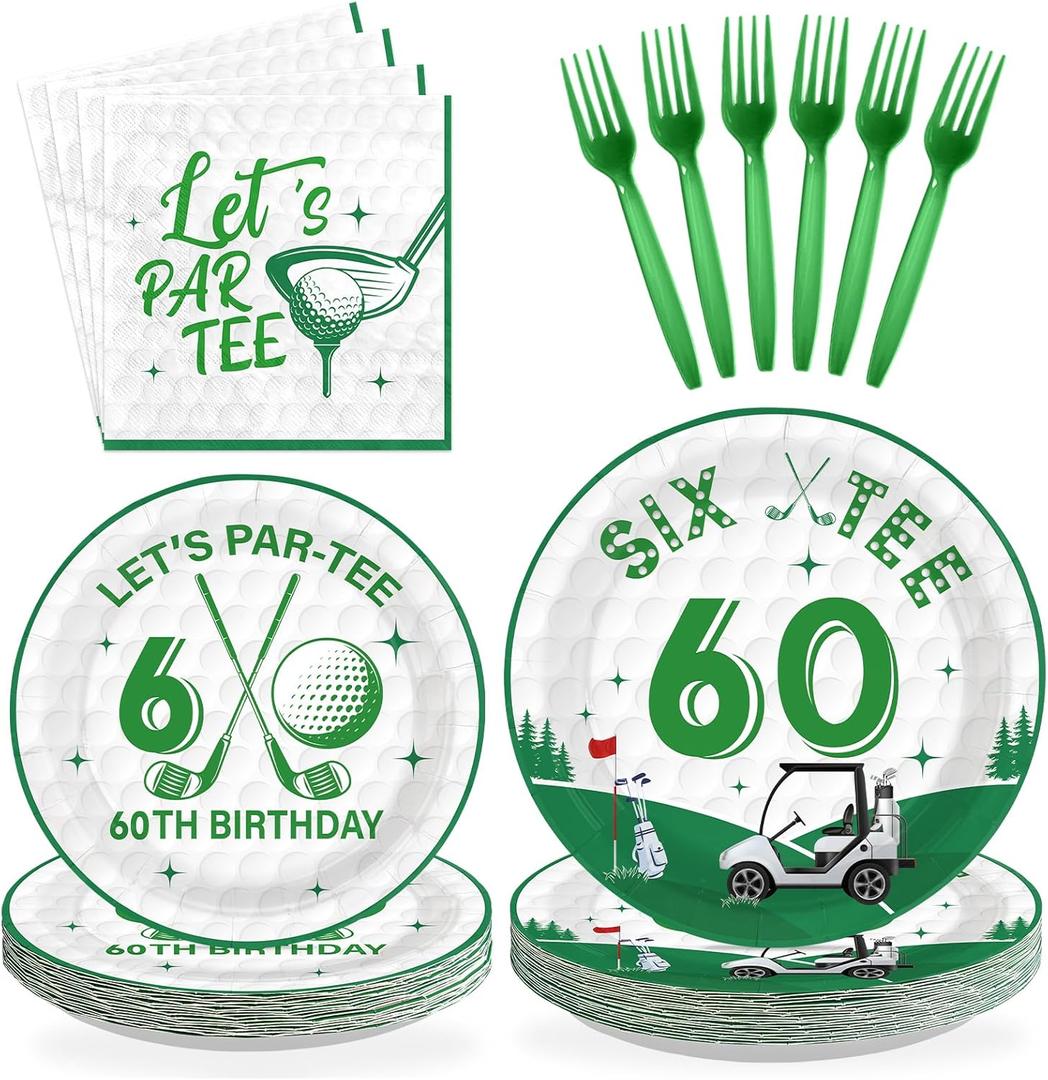 96Pcs Golf 60th Party Decorations for Men Golf 60th Birthday Paper Plates and Napkins Sets Sports Theme Decoration for Golfer Fans Sixty 60 Years Old Party Supplies Serve 24