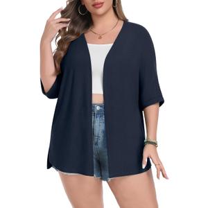 Lastshe Plus Size Cardigan for Womens Rolled Short Sleeve Lightweight Loose Cover Ups Open Front Sweaters, Dark Blue, 2X