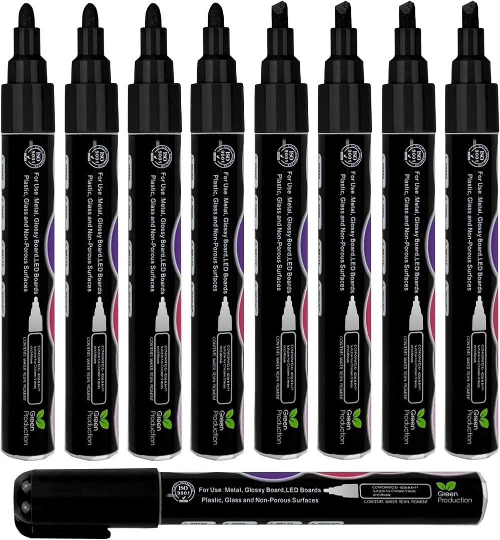 Black Liquid Chalk Markers Set (8 Pack), 6mm Reversible Bold & Chisel Dual Tip, Thick Wet Erase Pens, Water Erasable for Non Porous Whiteboard Glass Windows, Business Supplies